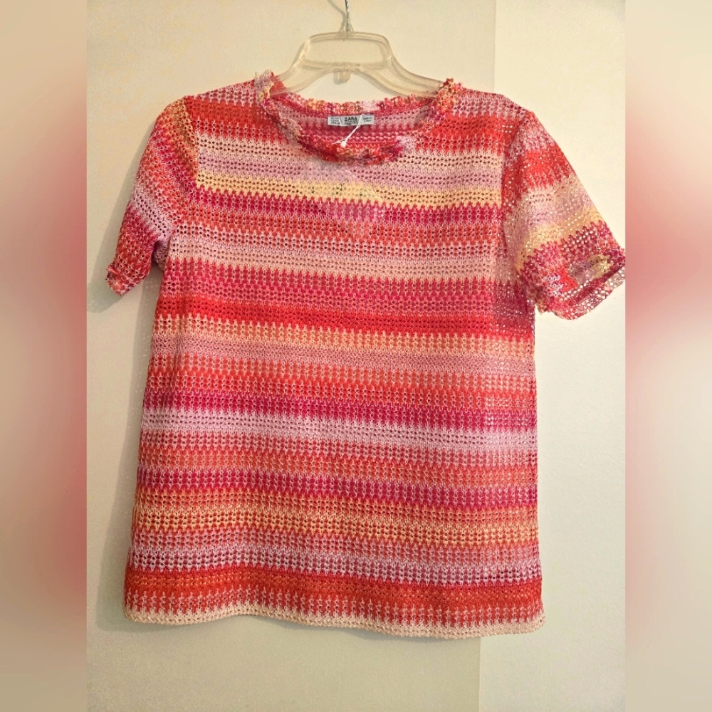 Zara Red and Pink Striped Short Sleeve Top